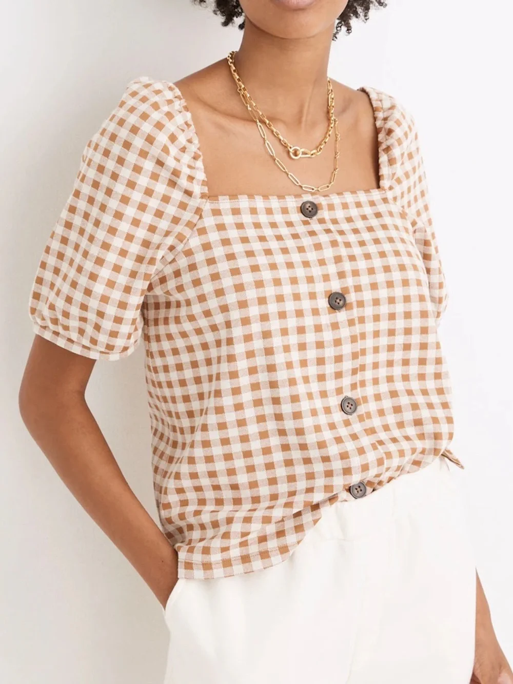 Madewell Gingham Jacquard Square-Neck Puff-Sleeve Top in Saddle Brown Size XXL